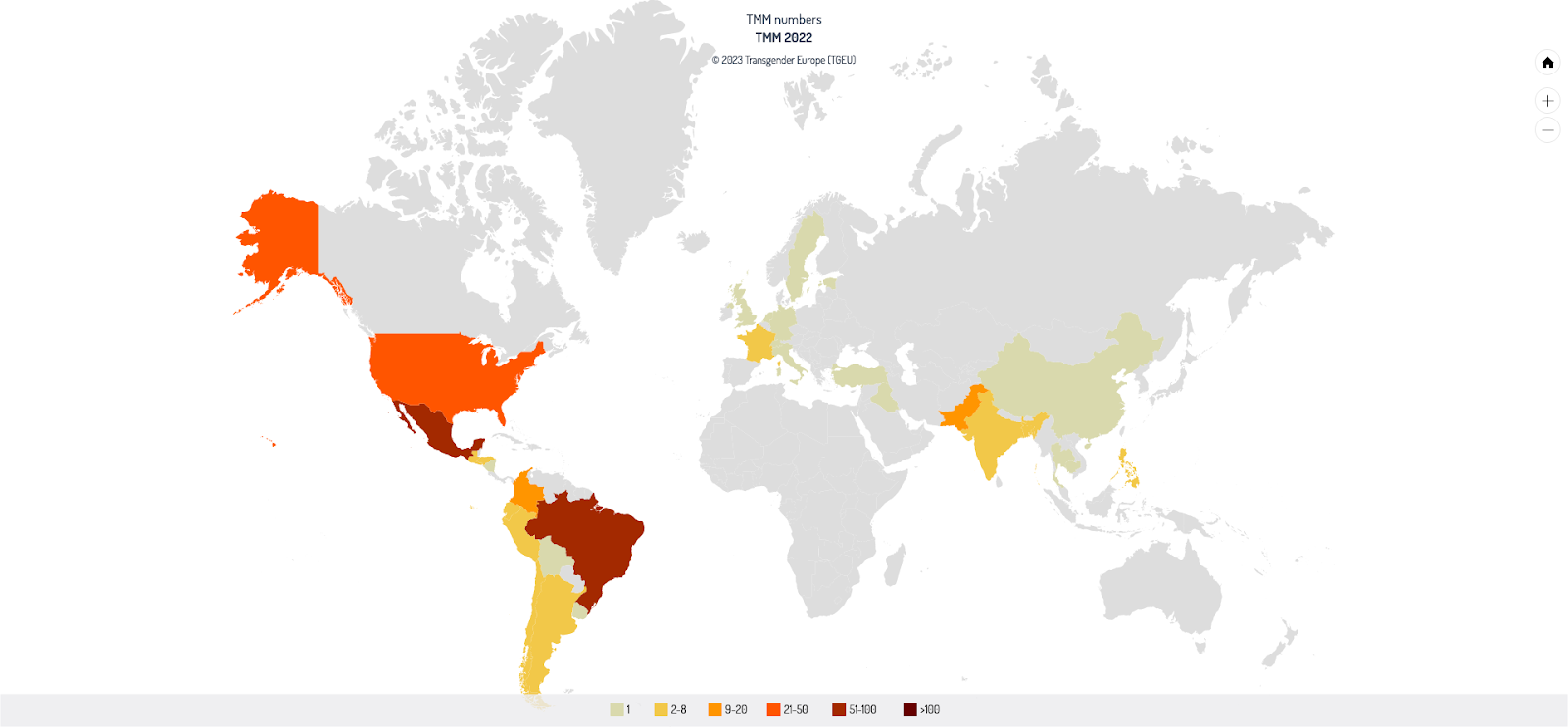 Mapa mundial com resultados do Monitoramento de Assassinatos Trans em 2022: o Brasil é o país com o maior número de assassinatos, seguido pelo México.